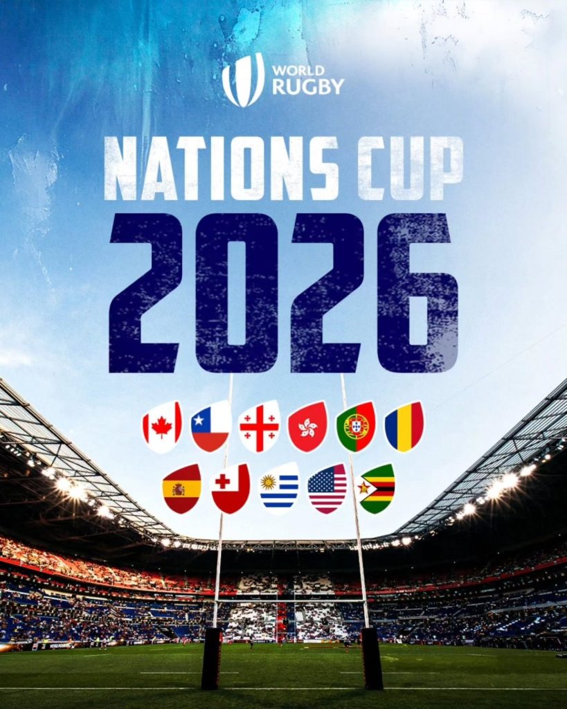 Afiche oficial de la World Rugby Nations Cup 2026, mostrando los arcos de un estadio de rugby iluminado en la base y las banderas de los países participantes, incluidos Los Cóndores de Chile, uno de los eventos deportivos en Chile más esperados del invierno.