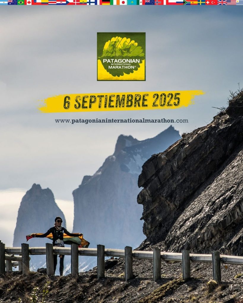 Afiche promocional de la Patagonian International Marathon con fecha 6 de septiembre, donde se ve a una corredora sosteniendo la bandera de Magallanes frente a las imponentes Torres del Paine.