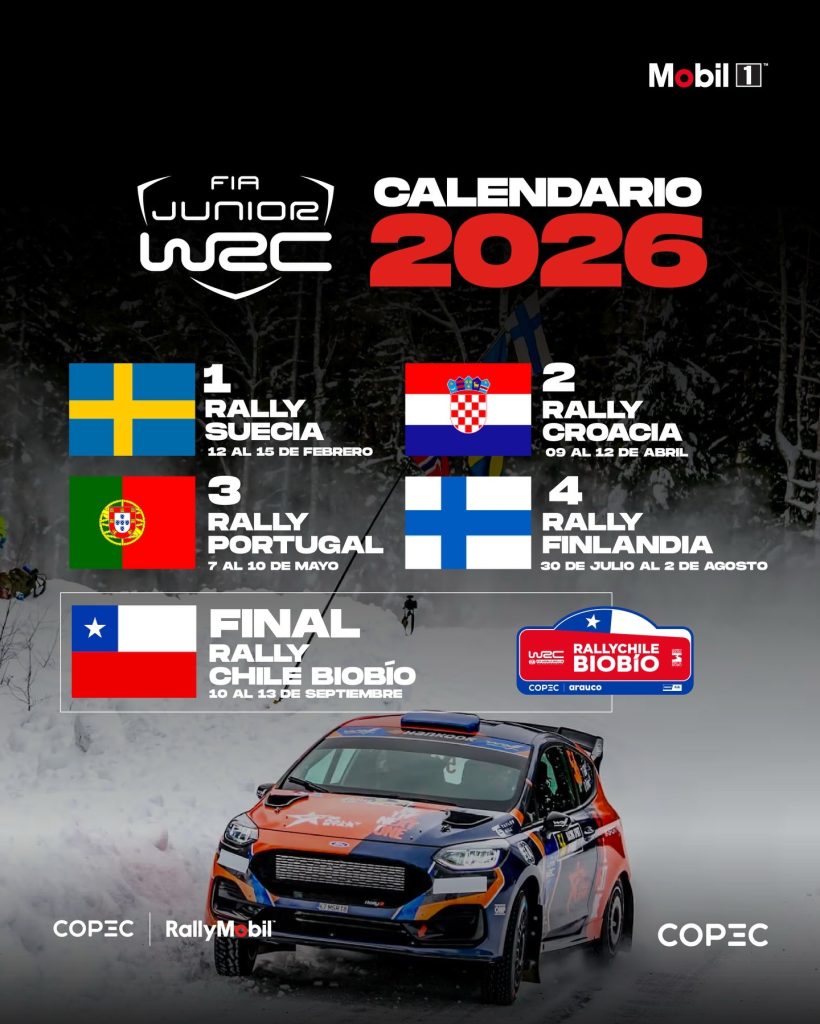 Calendario oficial del FIA Junior WRC 2026 que destaca la gran final del Rally Chile Biobío del 10 al 13 de septiembre, ilustrado con un auto de carreras Ford naranja y azul en una ruta nevada.