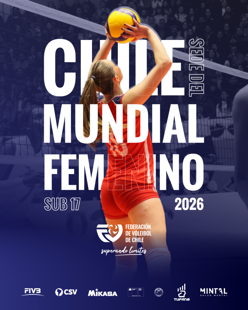 Afiche oficial promocional del Mundial Femenino U17 de Voleibol Chile 2026. En la imagen destaca, de espaldas y en primer plano, una jugadora con uniforme rojo, sosteniendo un balón amarillo y azul en posición de juego frente a la red.