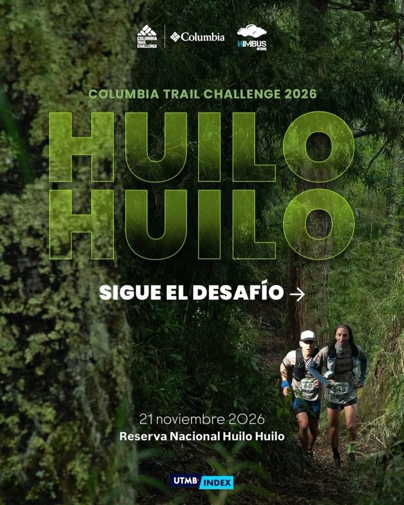 Afiche promocional del Columbia Trail Challenge del 21 de noviembre de 2026, mostrando a dos atletas corriendo con mochilas de hidratación por un espeso sendero de la Reserva Nacional Huilo Huilo.