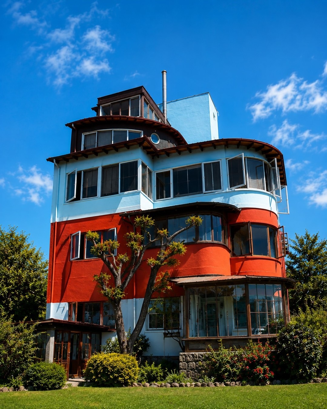 Fachada de La Sebastiana, a casa-museu de Pablo Neruda no Cerro Bellavista, com o seu característico design nas cores branco, azul-claro e vermelho.
