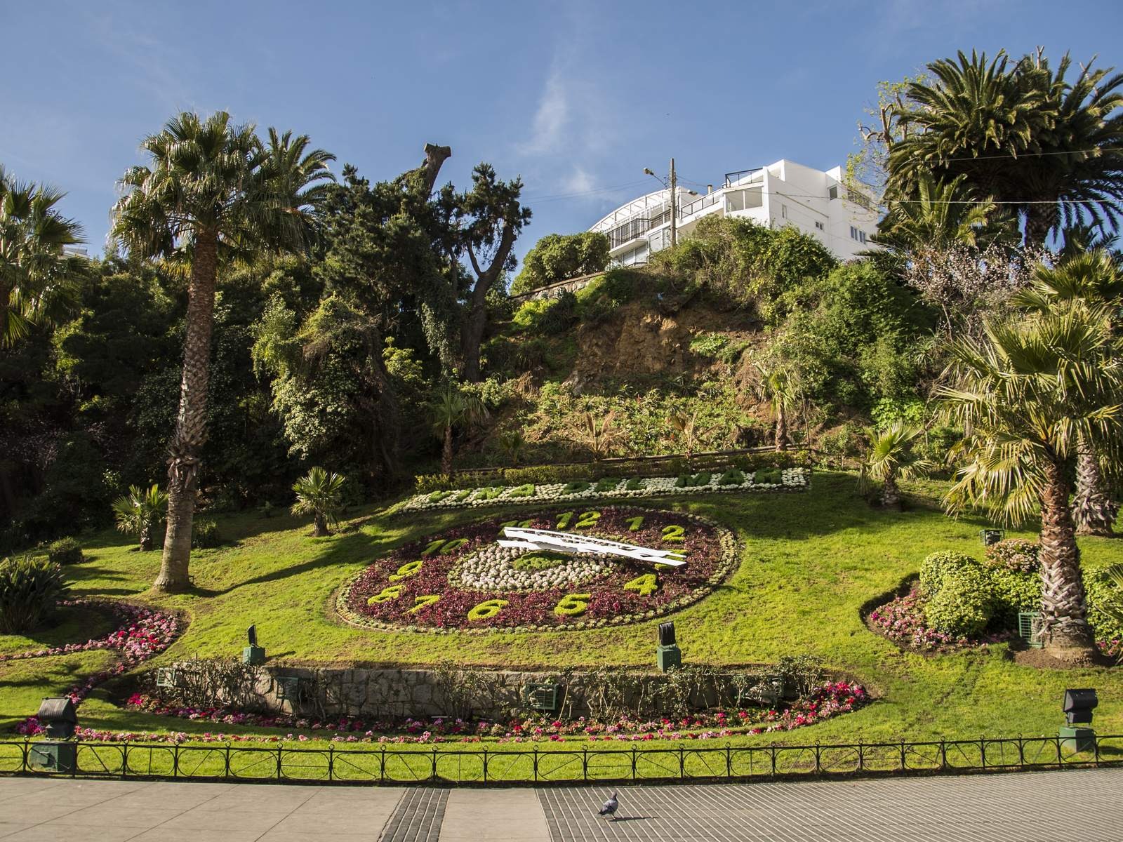 Relógio de Flores de Viña del Mar, com o seu mostrador decorado com flores e palmeiras à volta.